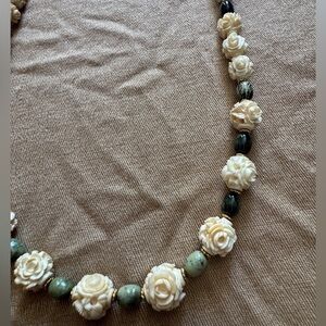 Vintage Carved Bone Rose & Green Stone Graduated Necklace 28”